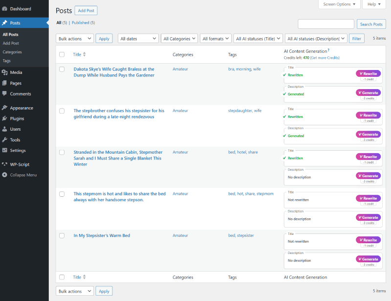 WP-Script AI Content Generator inside WordPress