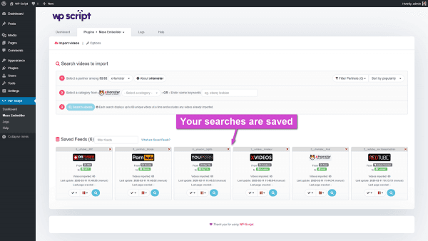 Saved video searches as feeds in WPS Mass Embedder