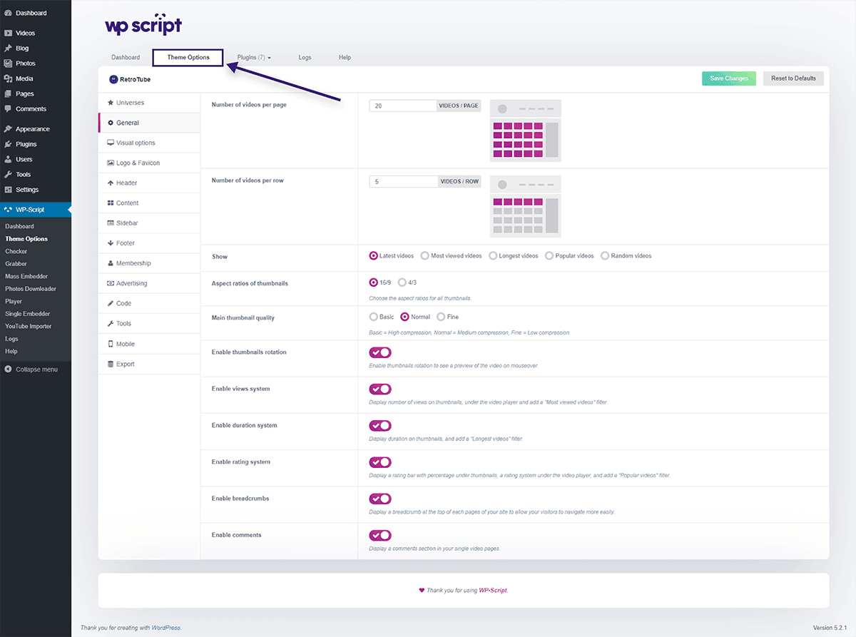 WP-Script theme options panel inside WordPress admin