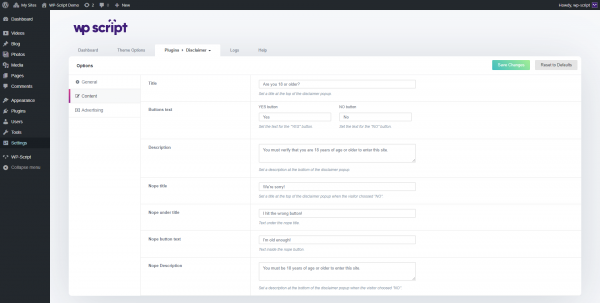 Age Verification WP plugin content options