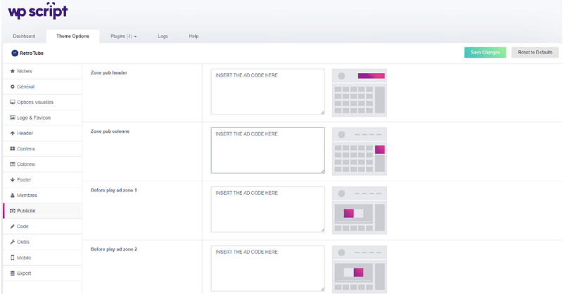 Avertising zones theme options