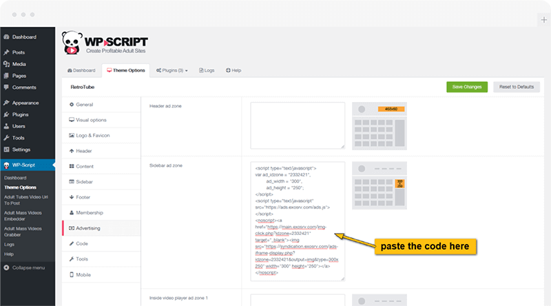 Paste the banner code in the theme options
