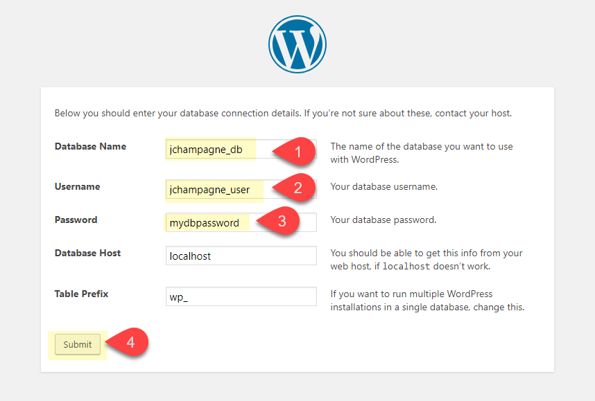 WordPress setup database