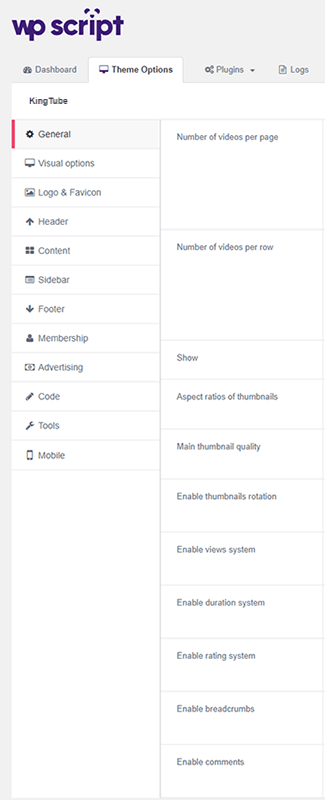 KingTube admin theme options